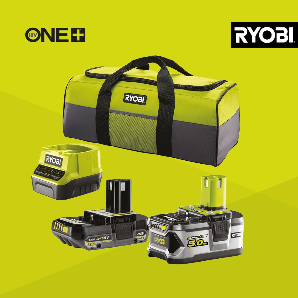 Ryobi - Zestaw 9 narzędzi 18V ONE+: Wiertarka, wkrętarka udarowa, szlifierka, wielofunkcyjne narzędzie, pistolet do klejenia, piła tarczowa, wyrzynarka, lampa, szlifierka + 2 baterie i ładowarka -