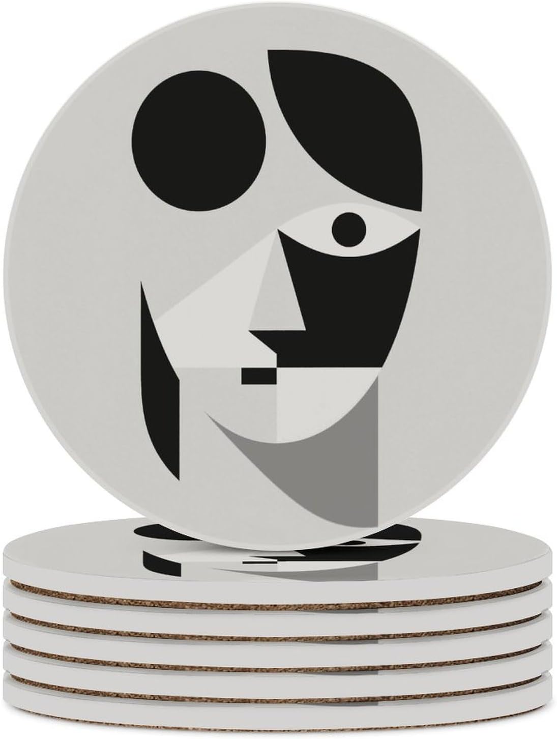 6PCS Abstract Face Coasters Non-Slip Round Drink Coasters with Ceramic Stone and Cork Base, Heat Resistant Absorbent 33.00Stone Coaster Set for Kinds of Mugs and Cups, 4 Inch