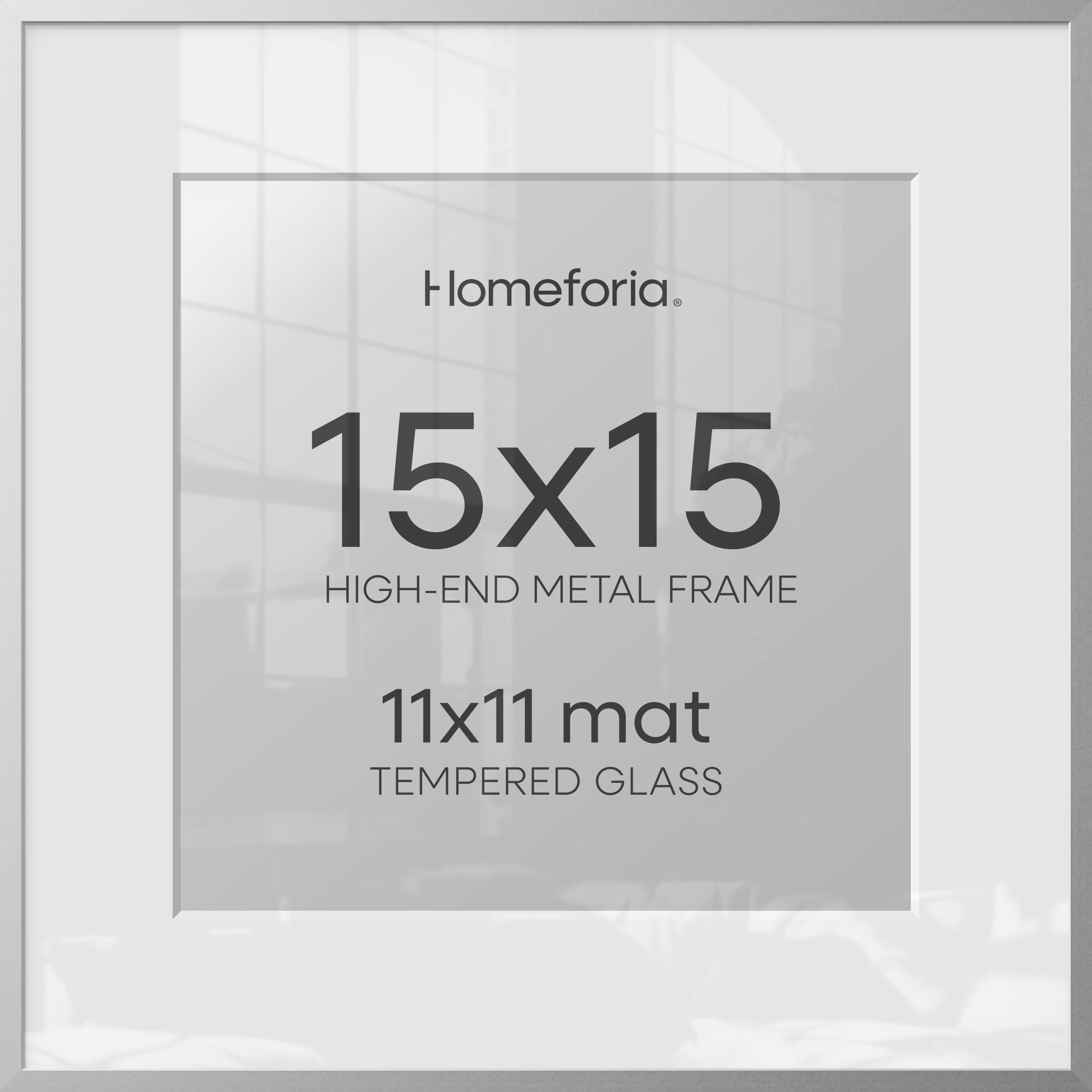 Homeforia 15x15 Silver Picture Frame, High-End Metal, 11x11 Mat, Glass | High End Aluminum, Tempered Glass, Acid-Free 11x11 Removable Mat, 15x15 in Edge-to-Edge Display 15x15, Wall Kit, Set Of 1