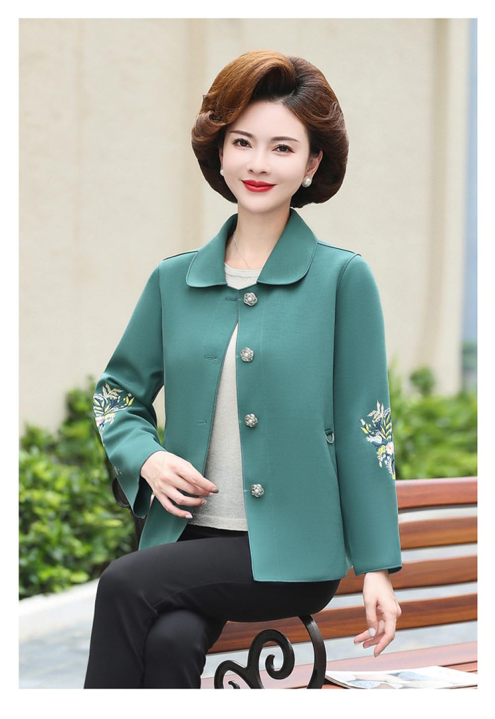 Trench da Donna Giacca Corta Ricamata Floreale,Giacca con Bottoni Colletto Rovesciato Verde con Tasca Capispalla Elegante Casual A Maniche Lunghe Giacca A
