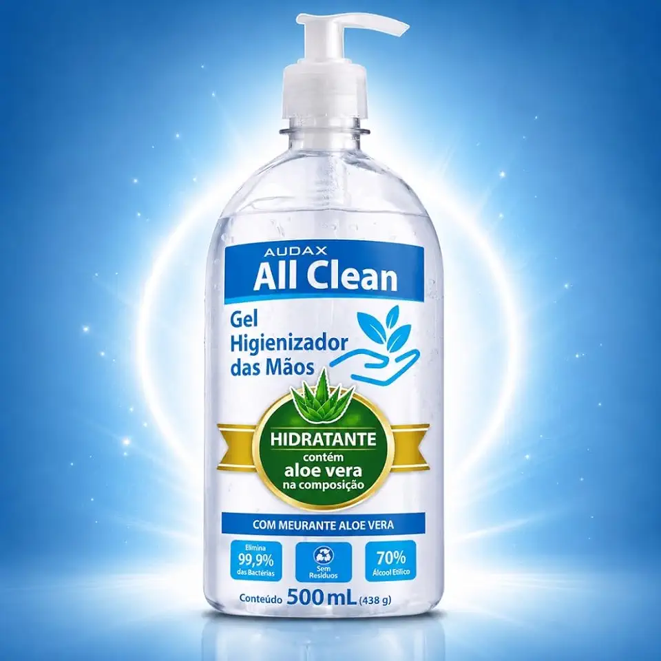 Álcool Gel 70% Higienizador de Mãos 500ml All Clean – Proteção Antibacteriana, Com Aloe Vera, Toque Suave, Secagem Rápida