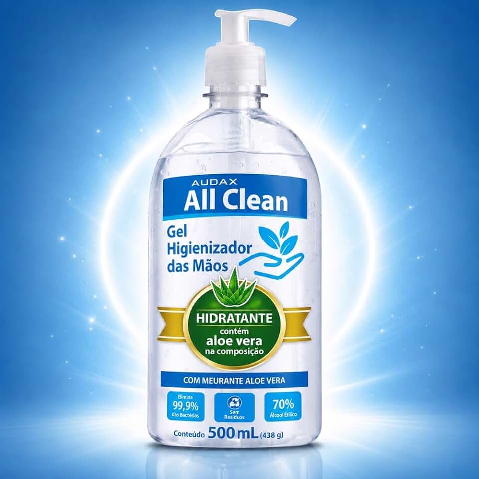 Álcool Gel 70% Higienizador de Mãos 500ml All Clean – Proteção Antibacteriana, Com Aloe Vera, Toque Suave, Secagem Rápida
