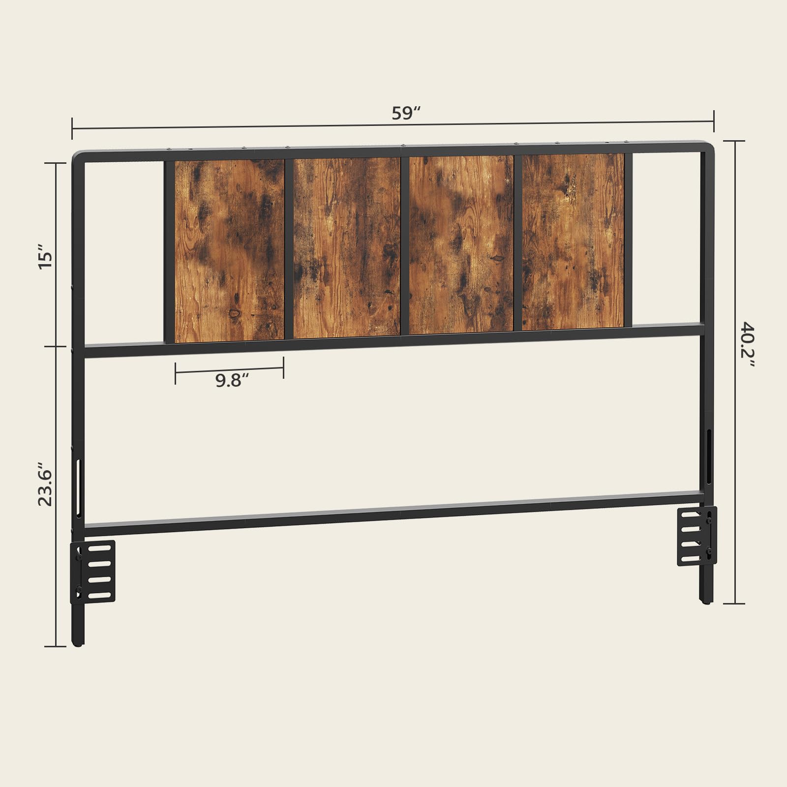Cabecera tamaño Queen solamente, cabecera de metal con adaptadores, estilo industrial minimalista para camas tamaño Queen, marrón rústico y negro 3