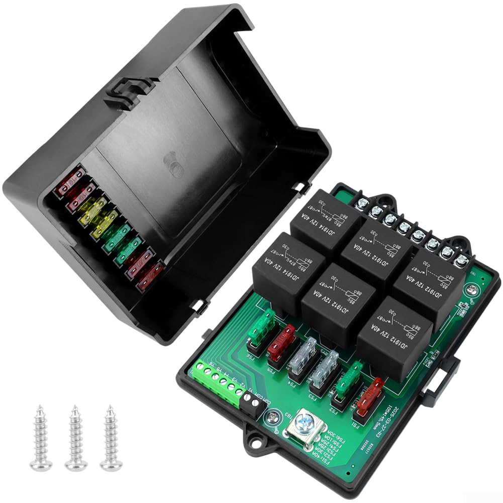 Zoegneer Caja de relé de fusibles automotrices de 6 vías de 12 V con 14 eslabones de fusibles medianos, luces indicadoras LED, carcasa de nailon resistente al fuego, terminales de cobre, diseño