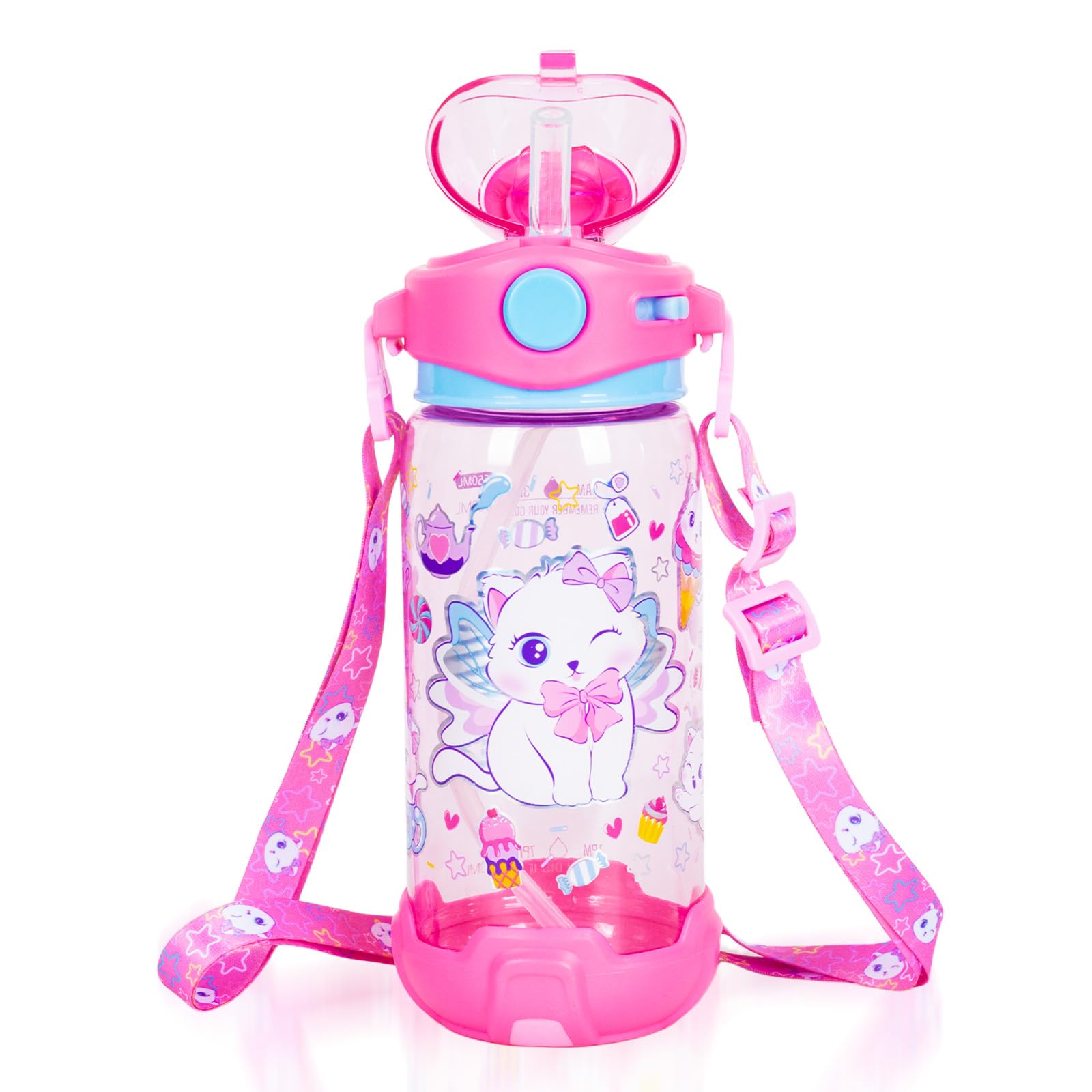 PinkSheep Kids Water Bottle with Straw/Lanyard, 650ml Child Drinking Water Bottle, BPA Free Leak-Proof Locking Flip Lid for Kids Girls Boys School Sport Travel (Cat) — image 1