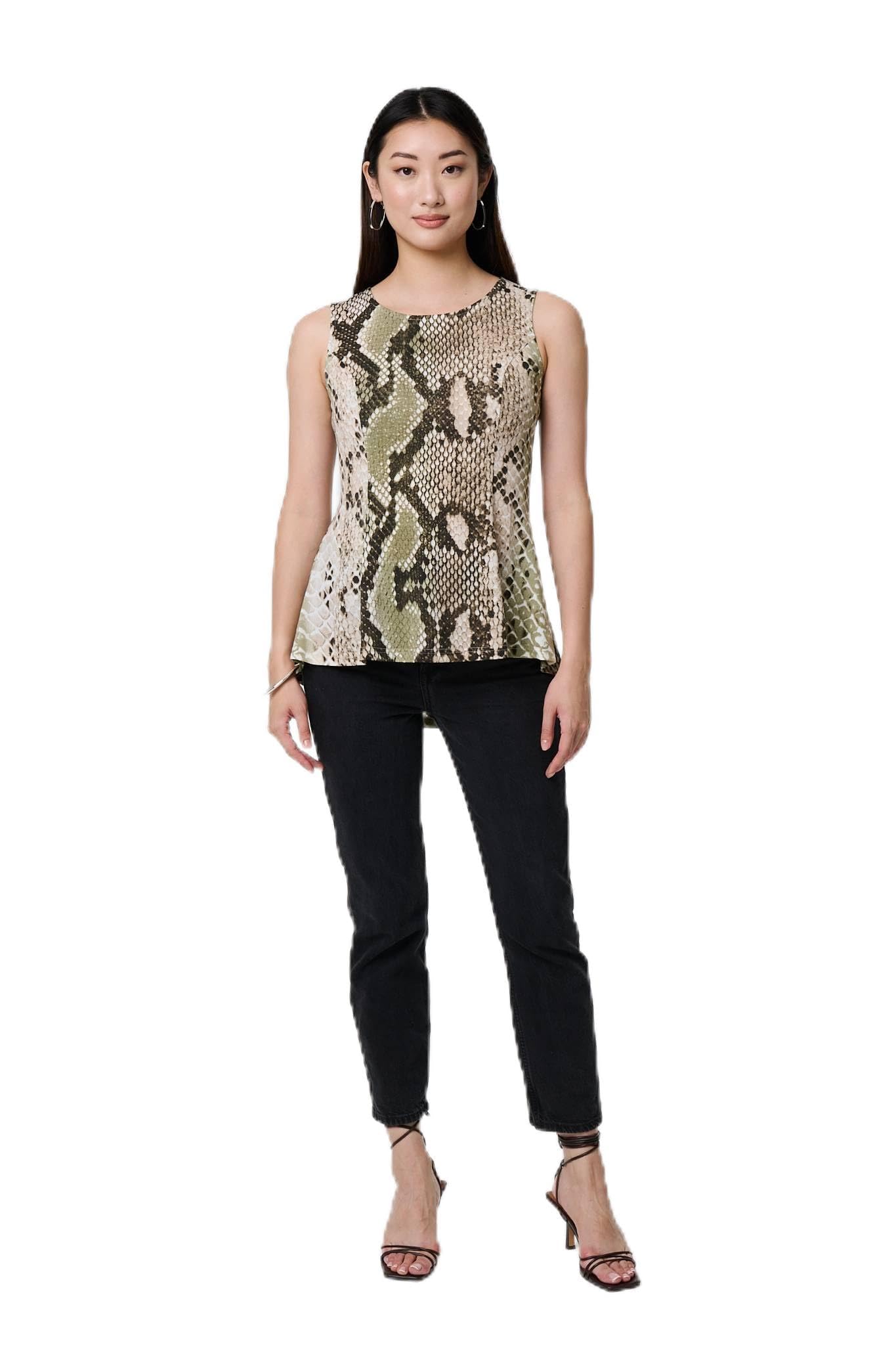 Izabel London Women's Green Snake Print Sleeveless Curve Hem Top In | Size: 12