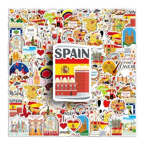 Lot de 50 Espagne Autocollants, Espagne Voyage Autocollants en Vinyle Imperméables, Valises Stickers pour scrapbooking, bouteille d'eau, Bagages Skateboard Guitare Ordinateur Portable