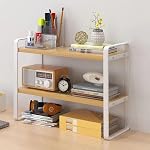 Hbluefat Desktop Organizer Shelf, 2-Tier Multipurpose Tabletop Storage Bookshelf, Small Wooden Countertop Storage Rack for Home Office Kitchen (Wood+White)