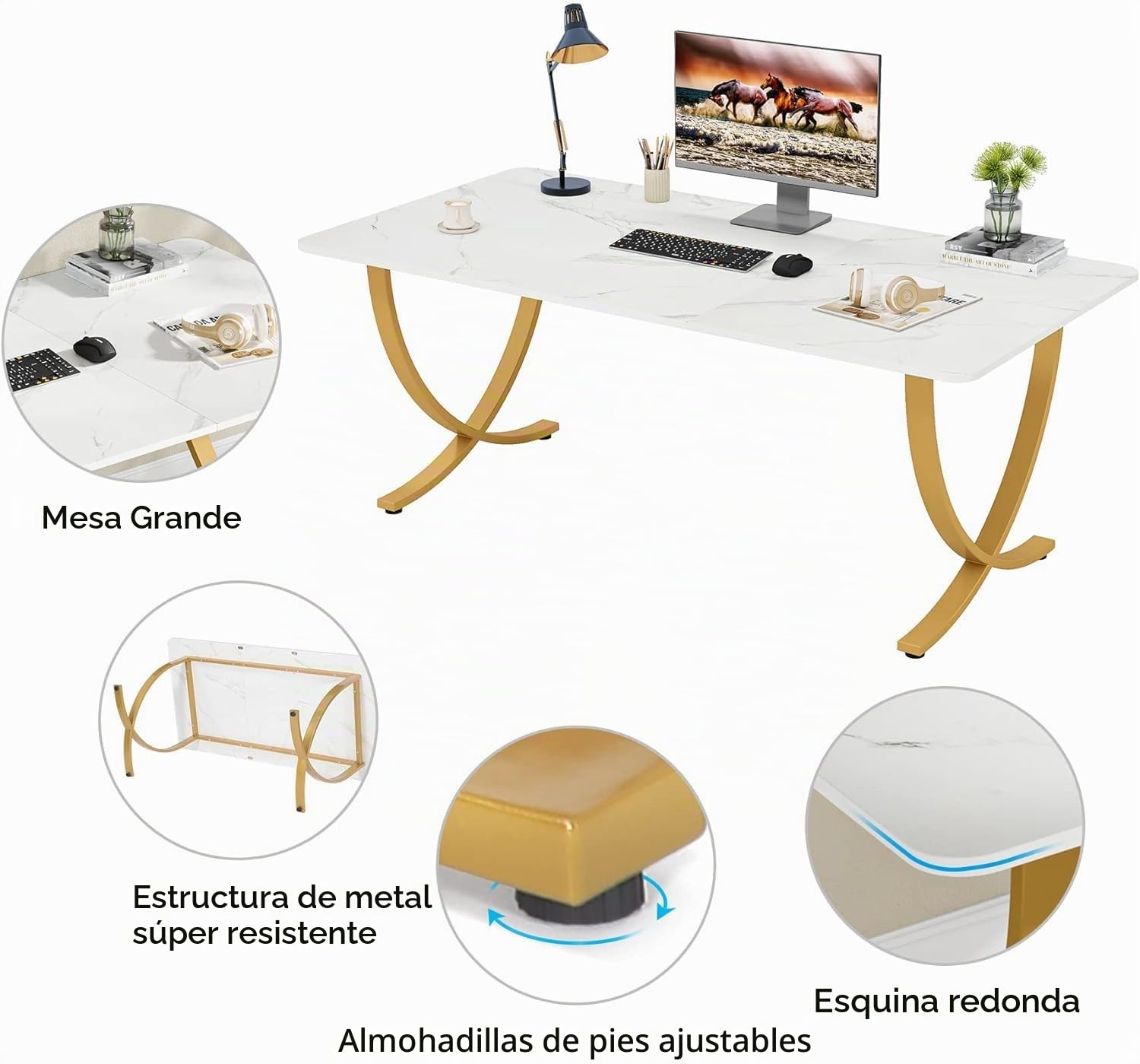 Tribesigns Mesa Escritorio, 160 x 80 x 75 cm, Escritorio de Oficina Grande, Moderno Mesa de Ordenador, Mesa de Conferencias, Mesa de Sala de Reuniones para Oficina en Casa, Blanco y Dorado