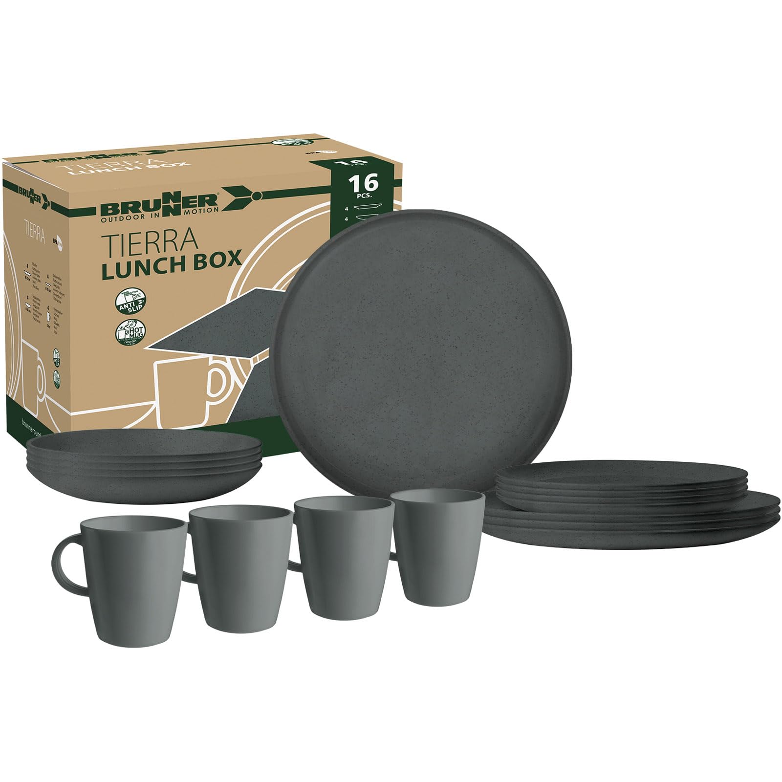 Brunner Campinggeschirr Set Lunch Box RPET Tierra Camping Teller Schüssel 12 TLG Dunkelgrau
