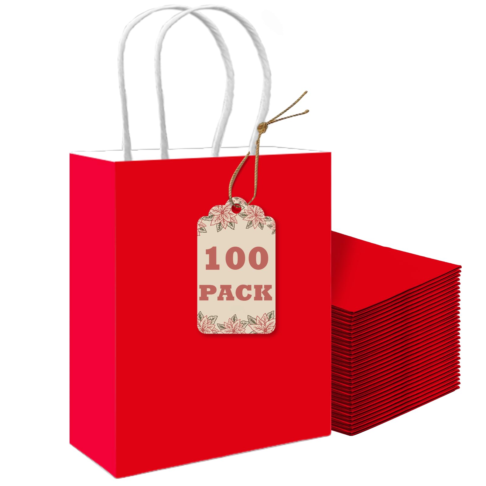qiqee 100PCS Gift Bag with Handles Bulk Red Paper Bags Multiple Uses (8.3"x3"x6"inch Small Size)