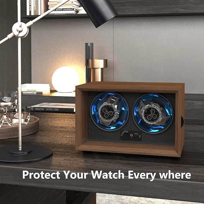 Image of Bequest Dual Watch Winders for Automatic Watches, Double Watch Winder Box for Rolex,4 Rotation Mode Setting,Blue Light,Elastic Watch Pillows for Lady and Man Watches, Brown, Business, High-end,Brown,