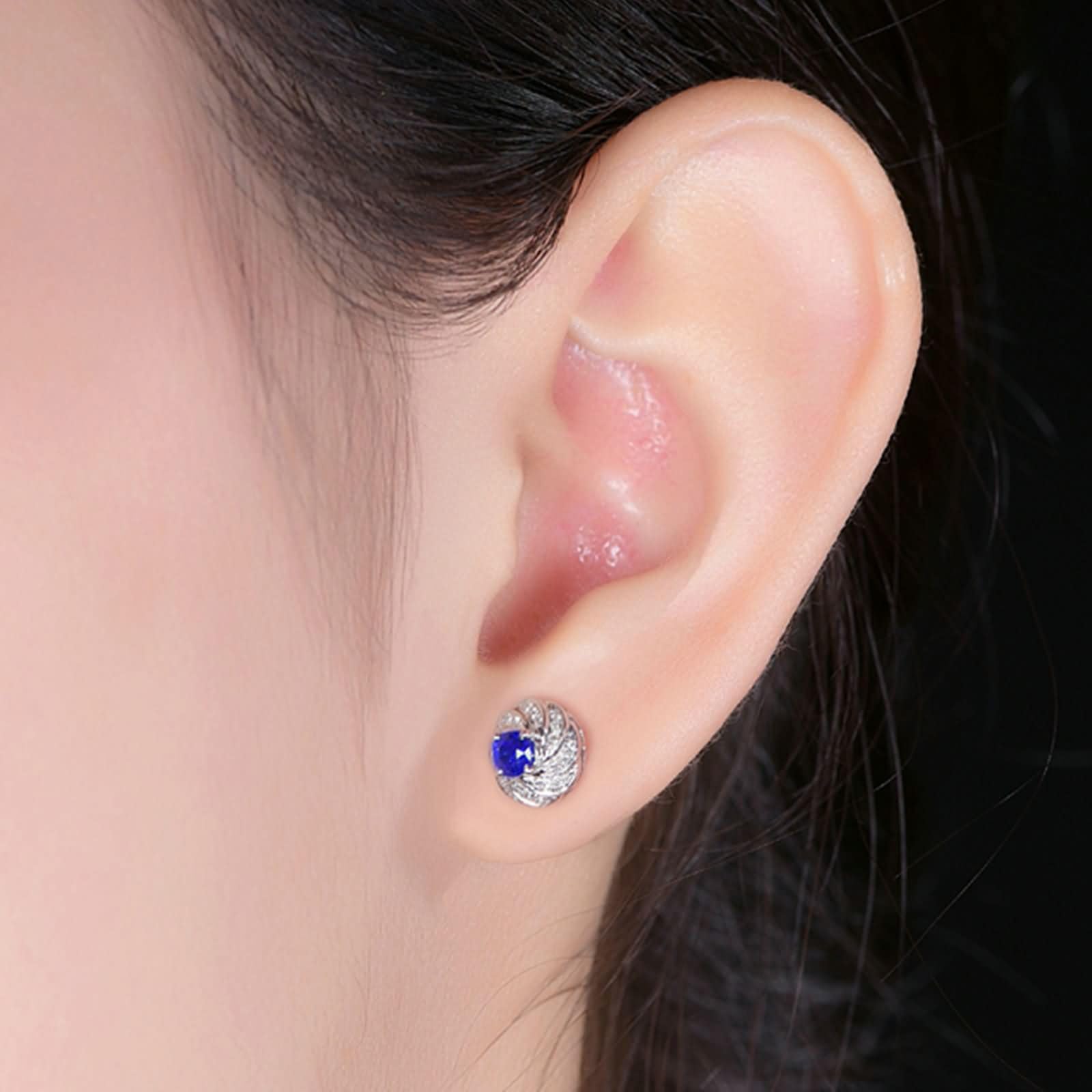Ohrringe 9K / 14K / 18K Weißgold für Damen, Rund mit Saphir 0,72 Karat / 1 Karat und Diamant, Ohrringe Blau Silber Frauen für Hochzeit