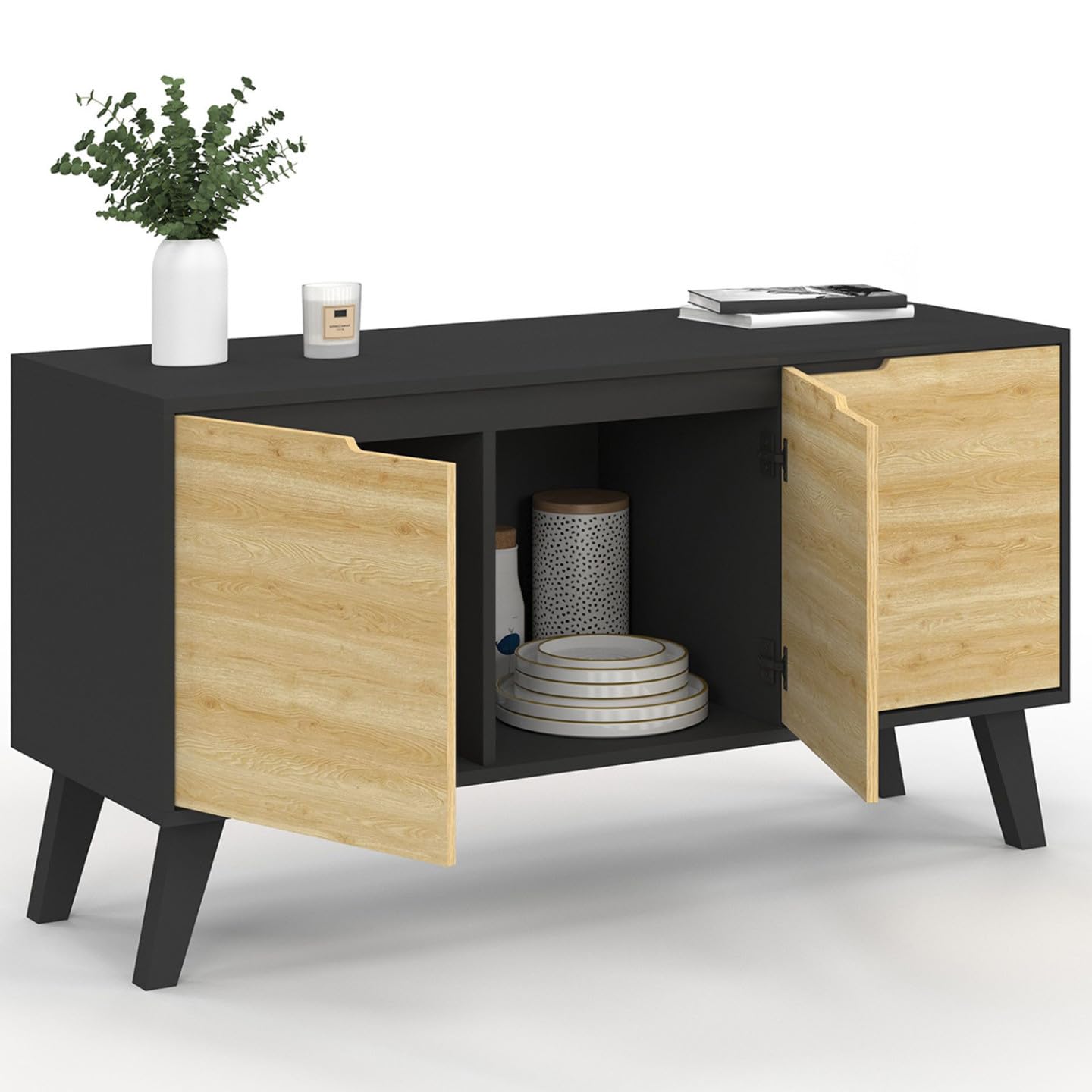 IDMarket - Buffet Bas scandinave 113 cm FINN 3 Portes Noir et Bois façon hêtre