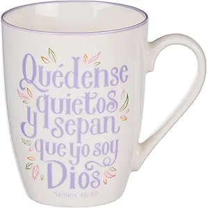 Taza de Café de Cerámica Con Borde Lila - 12 oz. Taza de Café y Té Inspiradora Segura Para Microondas y Lavavajillas Con Versículo Bíblico: Quédense Quietos y Sepan – Salmo 46:10