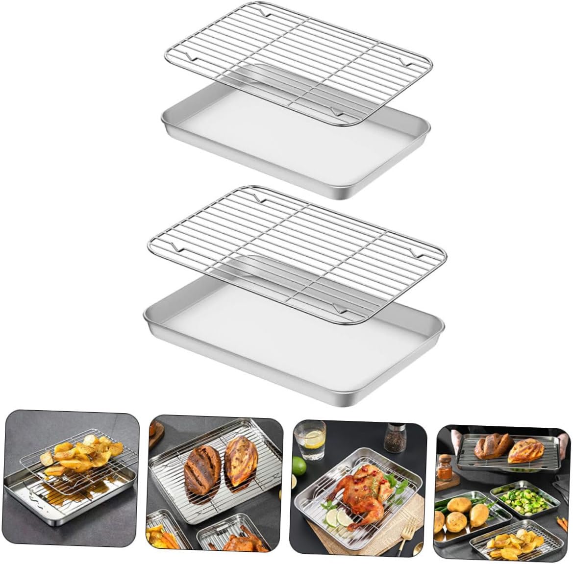 2sets Stainless Steel Baking Sheet Cooling Rack Versatile Cookie Pan for Baking Compact for Easy Storage and Cooking Needs