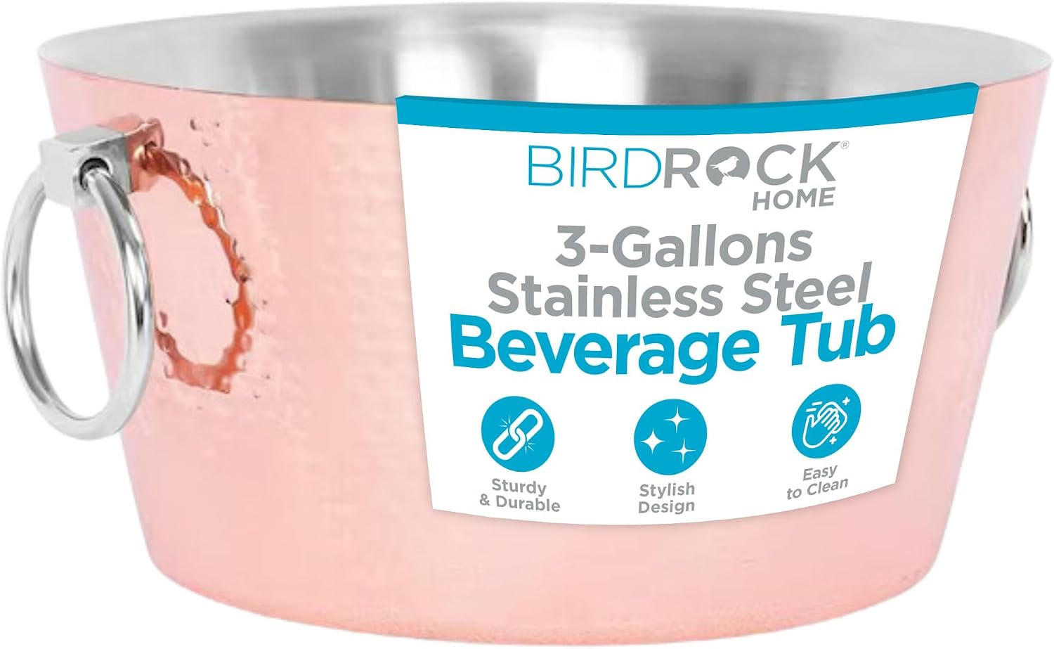 BIRDROCK HOME Hammered Stainless Steel Copper Beverage Tub with Handles - Double Wall Insulated 3 Gallons - Metal Drink Cooler & Ice Bucket for Parties - Outdoor Aluminum Holder for Bottles & Soda