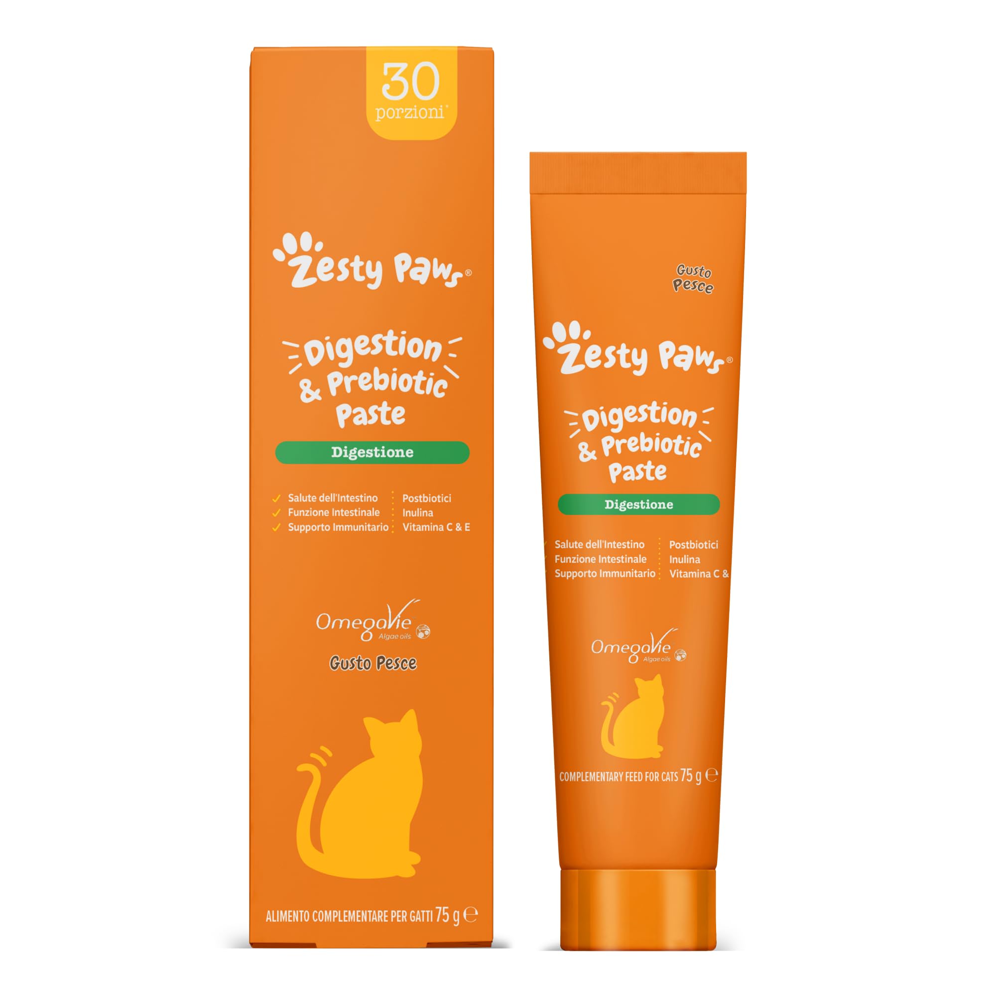 Zesty Paws Digestion & Prebiotic Paste - Digestione - per Gatti – Supporta Salute Intestinale e Sistema Immunitario – con Postbiotici, Inulina, Olio Algale e Vitamine C ed E – Gusto Pesce – 75g