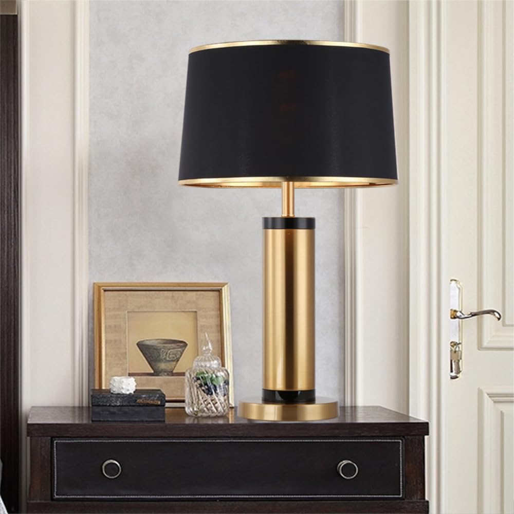 XINYASEE Lámpara de mesa, lámpara de noche, base de metal E27, cabezal de lámpara de metal y pantalla de tela, lámpara decorativa para salón y dormitorio, color negro, blanco. (Negro)
