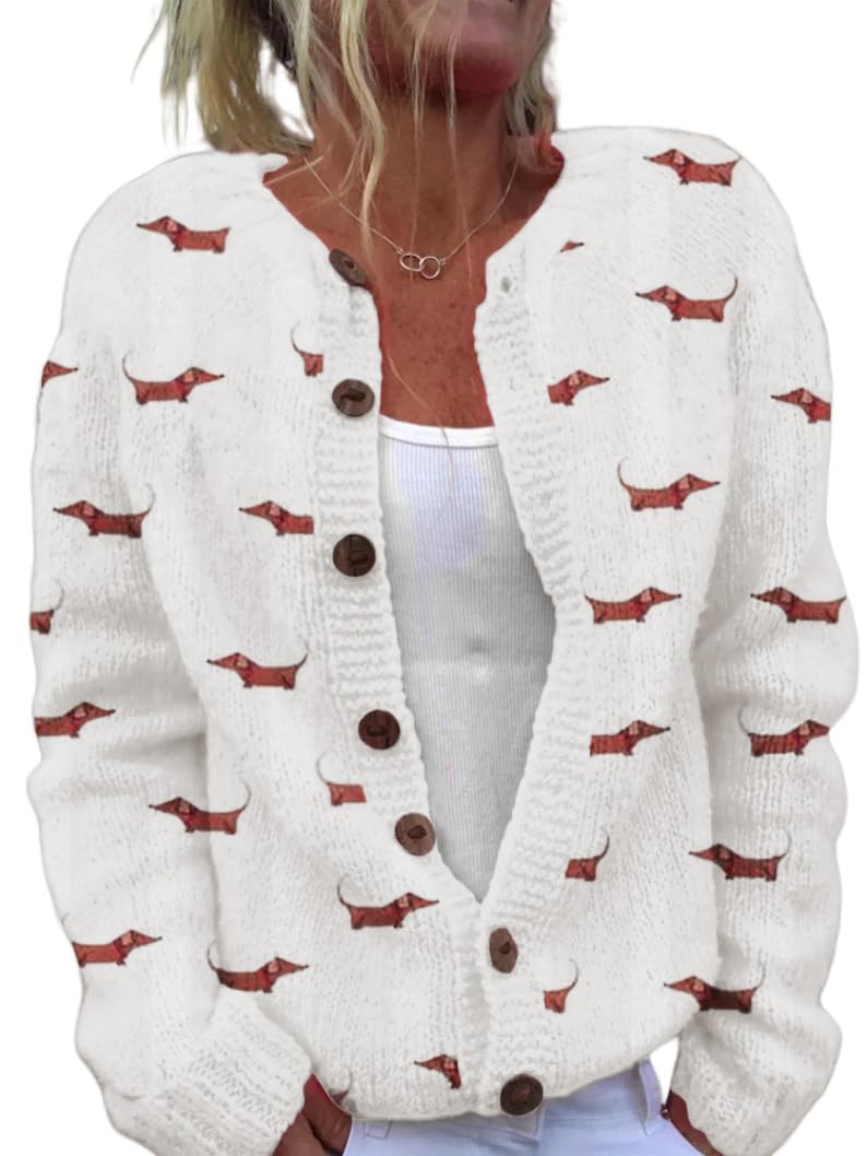 Women's Funny Fall Winter Animal Floral Christmas Tree Long Sleeve Button Knit Cardigan Sweater