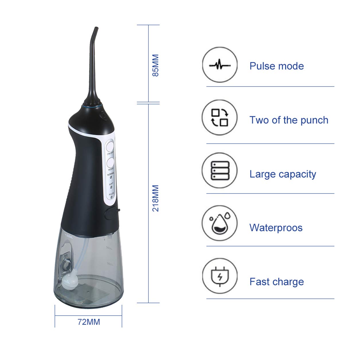 Idropulsore portatile Irrigatore Dentale Ricaricabile Cordless Cleaner IPX7 Impermeabile con 3 modalità 2 Jet Tips