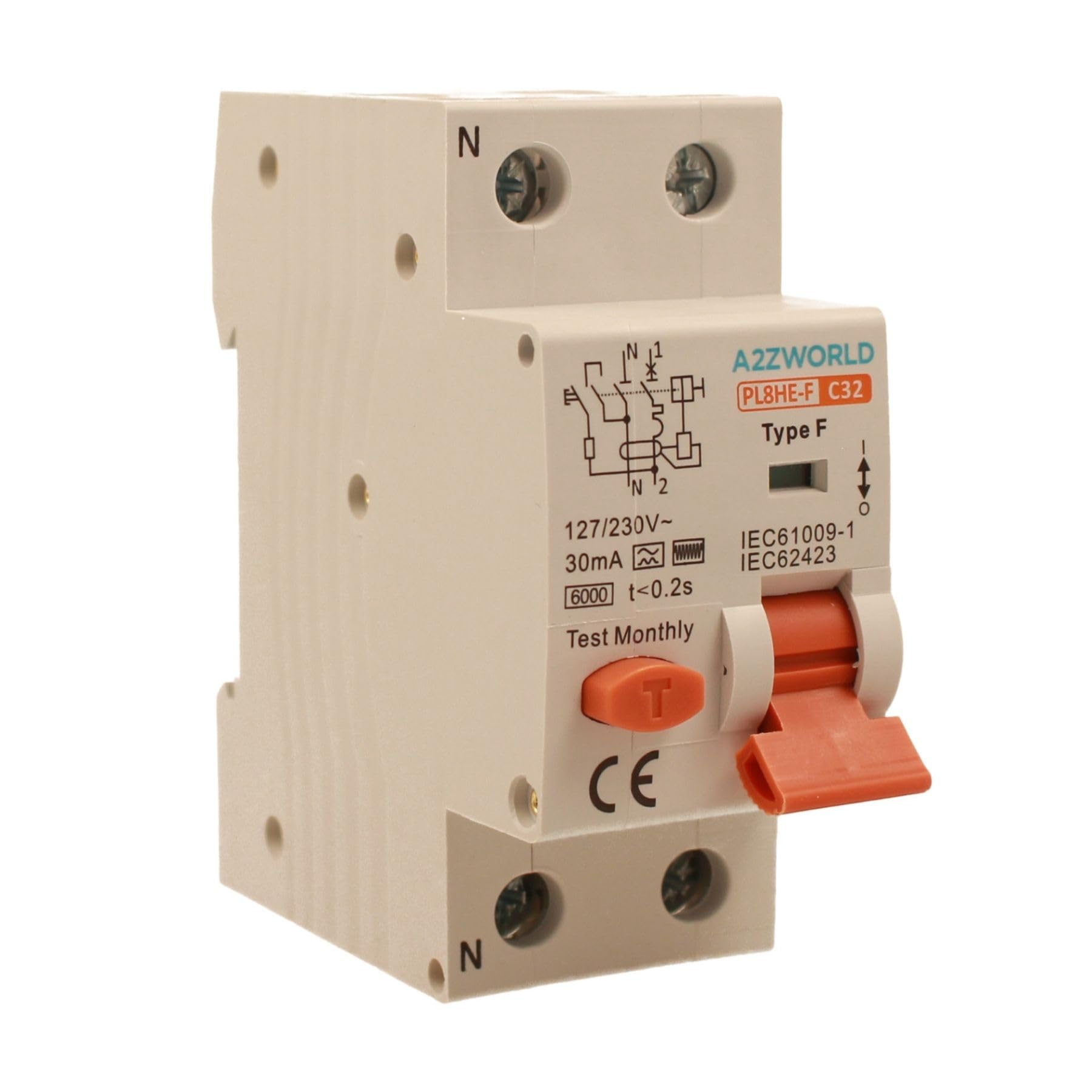 Interruttore Differenziale Magnetotermico Tipo F 32A C32, RCBO Tipo F Curva C 6kA 30mA, 1P+N 2 Moduli DIN, Per Pompe di Calore,Climatizzatori,Lavatrici,Motori controllati da Inverter