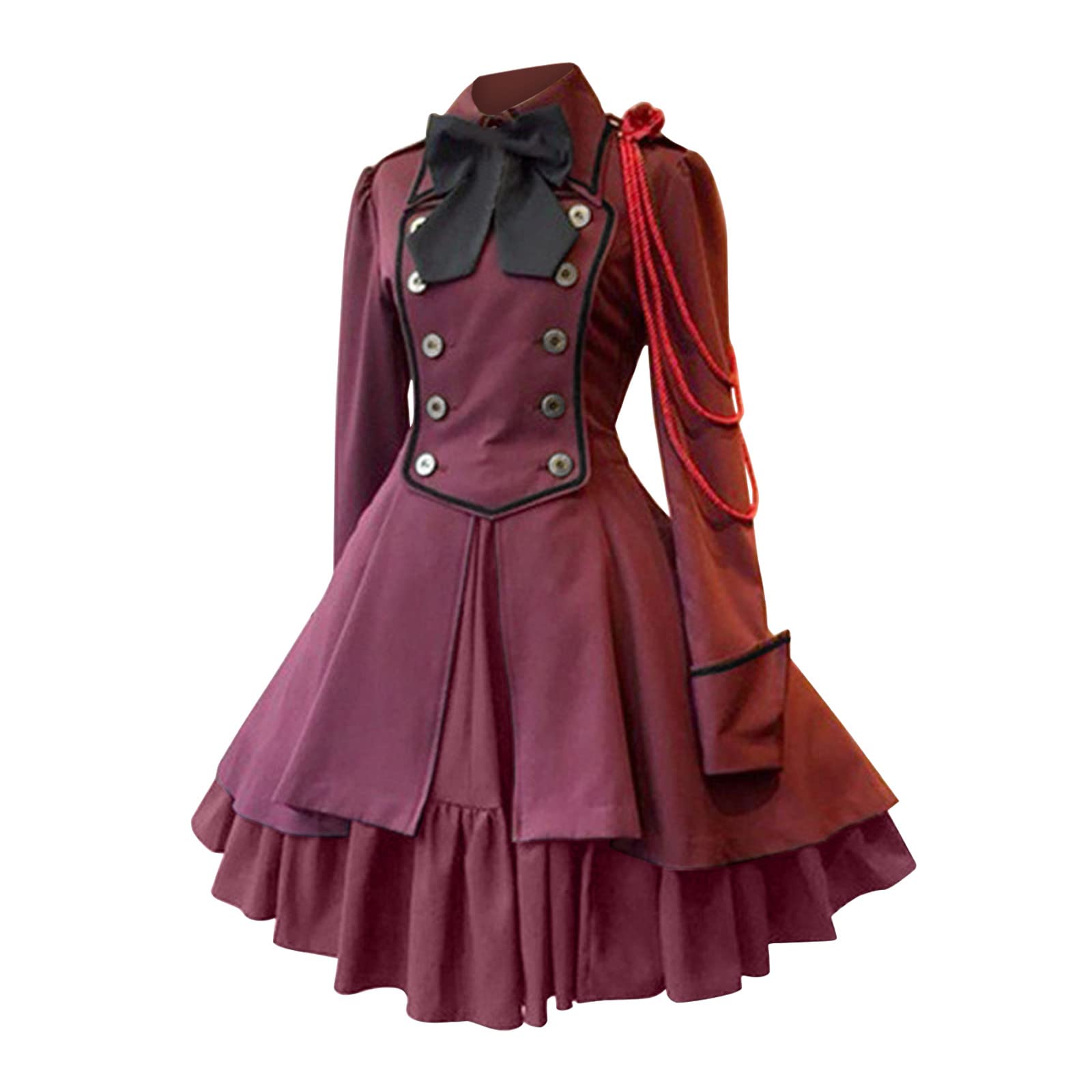 Dresses for Women UK Steampunk Gothic Dress Court Collar Long Sleeve Ruffled Patchwork Long Skirts Medieval Vintage Halloween Party Dresses,Lolita Gothic Vintage Bow Ruffle Steampunk Dress Wine โ image 1