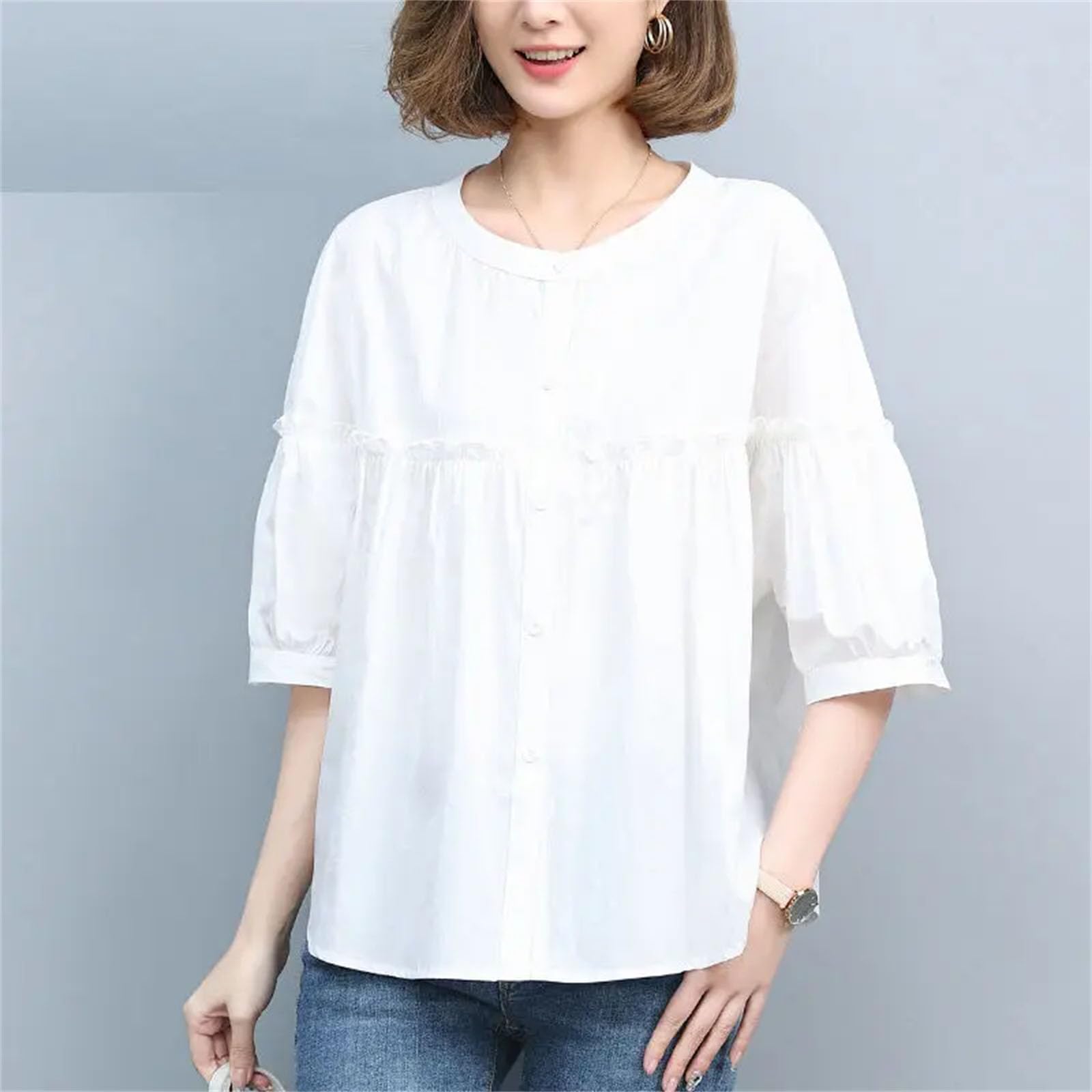 Camicette da donna con volant impiombati con bottoni per donne casual pieghe allentate maniche a lanterna camicette top