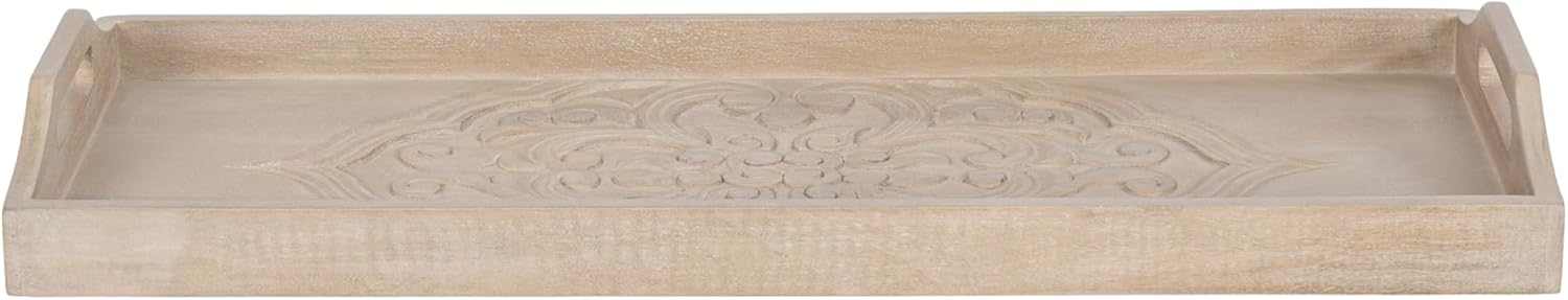 Kate and Laurel Adhira Carved Decorative Rectangle Tray, 24 x 10, Natural Wood, Traditional Display Tray with Handles and Hand Carved Wooden Pattern - Image 8