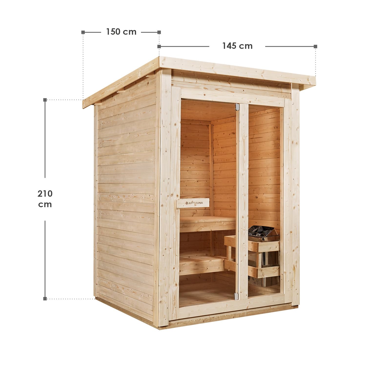 Artsauna Varberg Gartensauna 145 x 150 cm 4,5 kW Ofen Fichtenholz Outdoorsauna für 2 Personen Komplettset