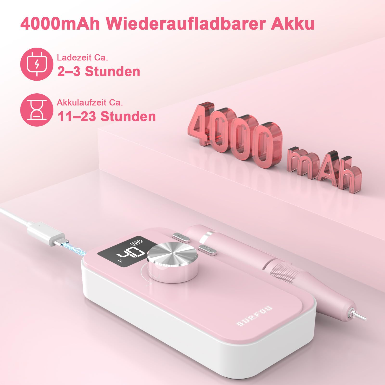 SURFOU Frezarka do paznokci 40 000 obr./min, elektryczny pilnik do paznokci, bezprzewodowy, z akumulatorem 4000 mAh, wyświetlacz LCD, cichy i niski poziom wibracji, bezstopniowa regulacja, do paznokci