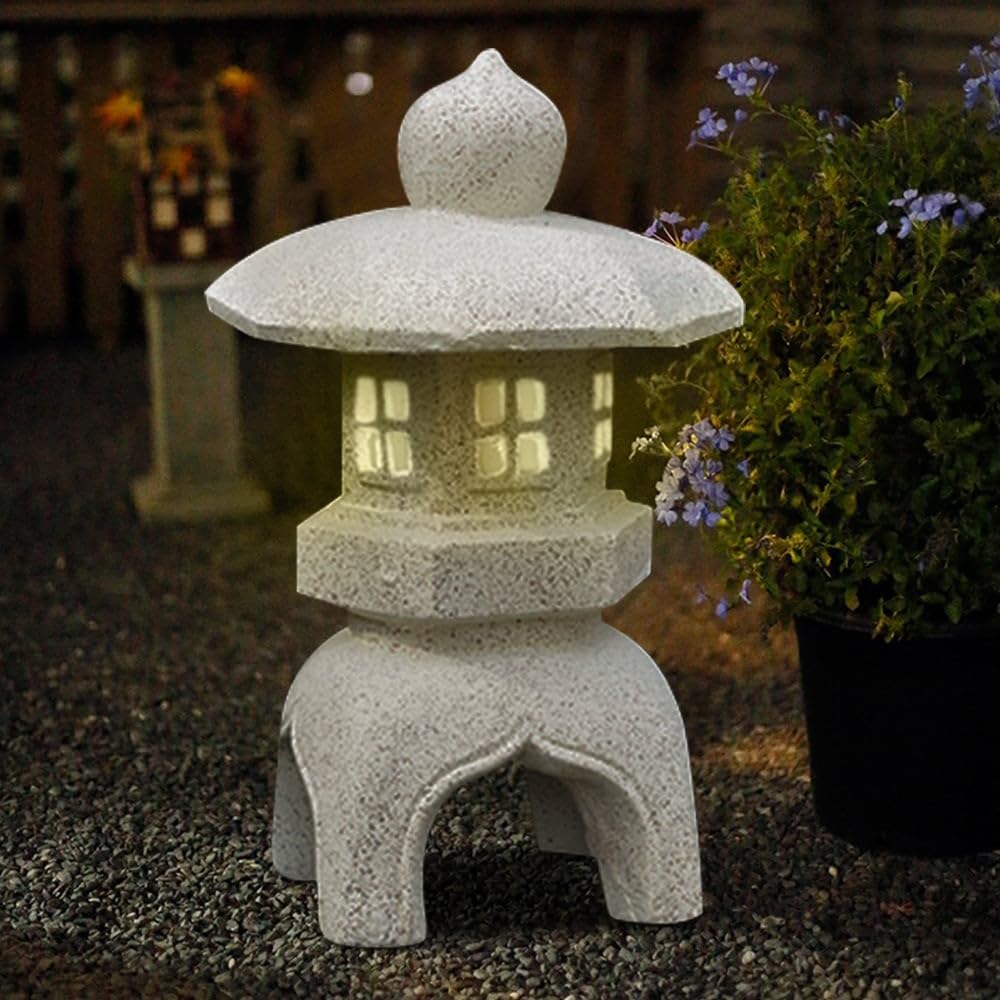 homary Outdoor Garden Japanese Solar Lantern Sculpture, Concrete White Fiberglass with Moss Detailing, Solar-Powered, Weather-Resistant, Traditional Asian Decor for Garden & Patio