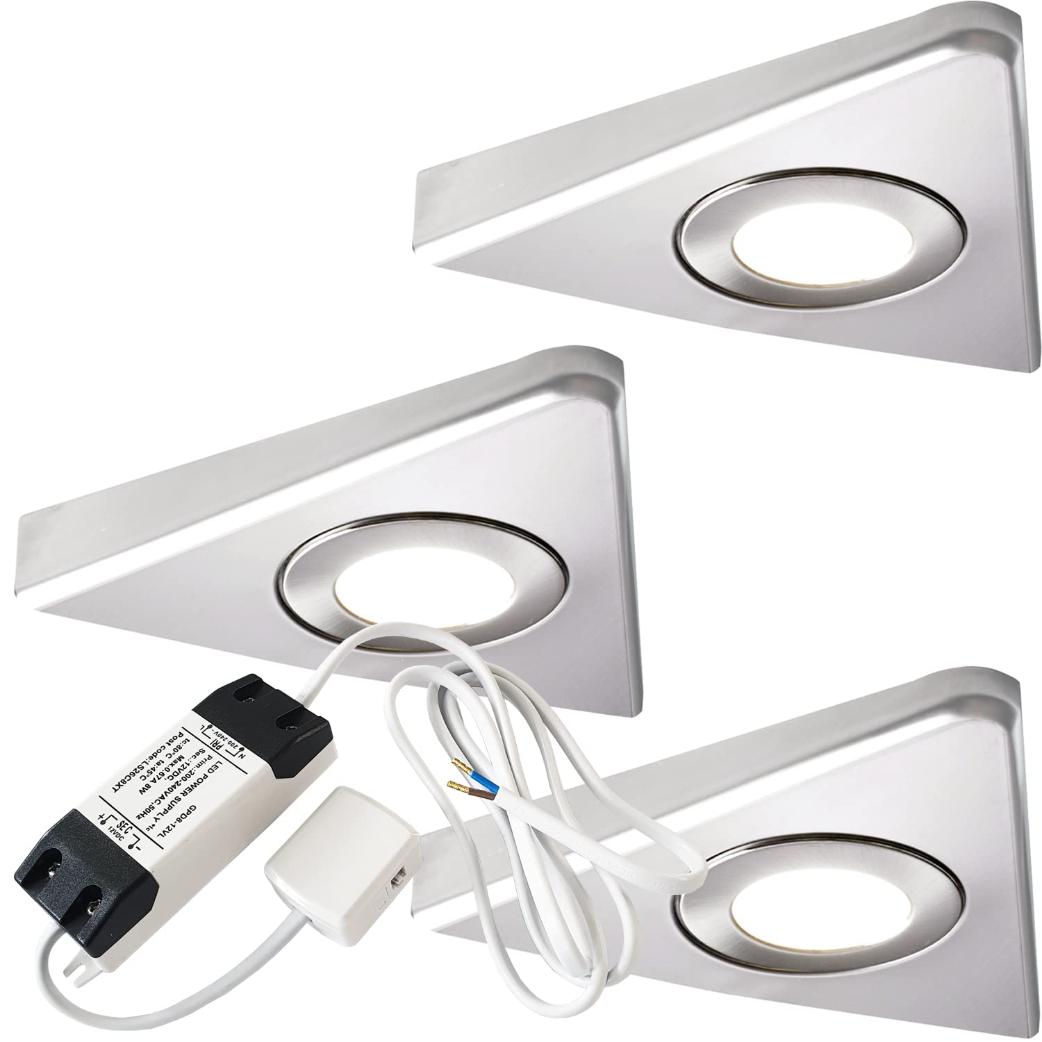 Loops Brushed Nickel Bezel Modern Triangle Under Cabinet Kitchen Light & Driver Kit – Smooth Diffused Led – Slim Pyramid Worktop Light – Low Profile Surface Mounted (3X Light & Driver, Natural White Led, )