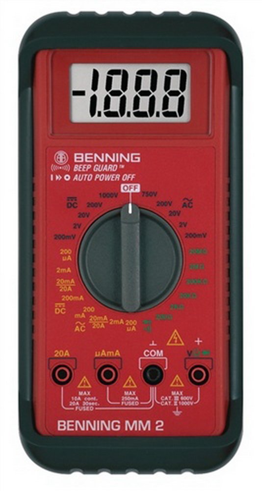 Benning MM 2 Digital-Multimeter (mit digitaler Anzeige, Max. Spannungsmessbereich DC 1000 V, inkl. Gummischutzrahmen, Tasche usw.) 44028, Rot, Schwarz