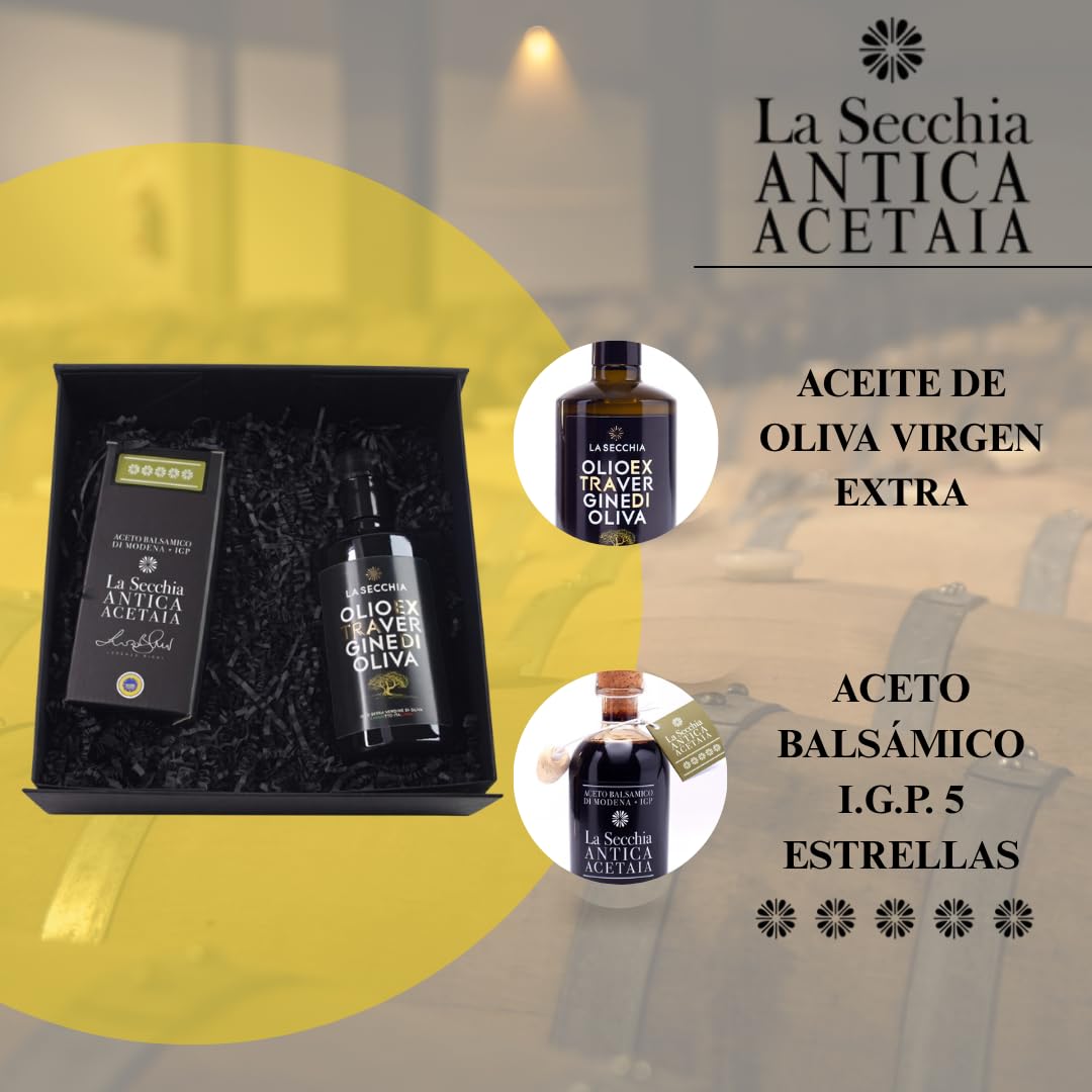 La Secchia - Cesta gastronómica artesanal, aceite de oliva virgen extra, vinagre balsámico de Módena IGP 5 Estrellas, set gourmet, productos italianos artesanales