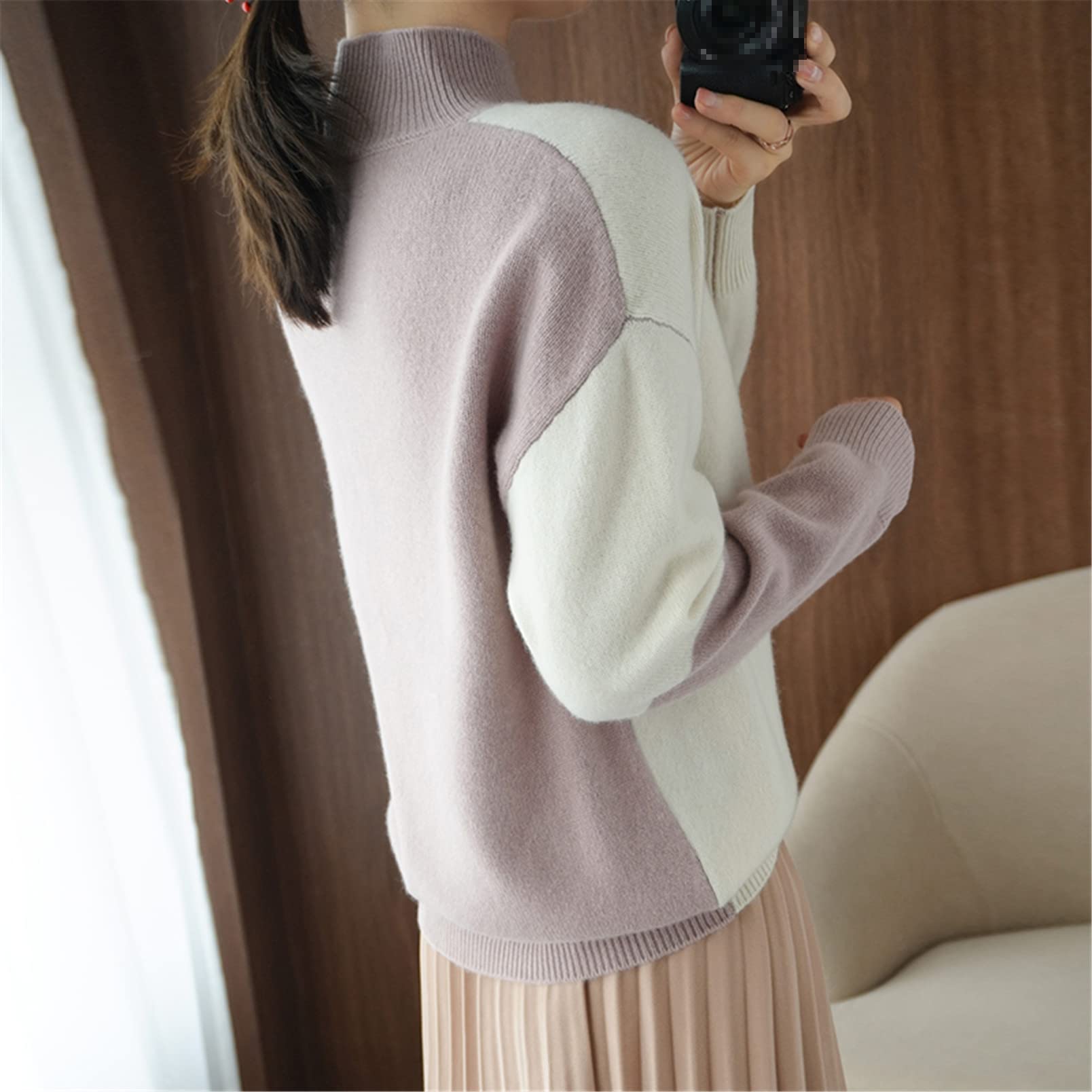 Pull en cachemire tendance à col montant pour femme, Rouge, XL