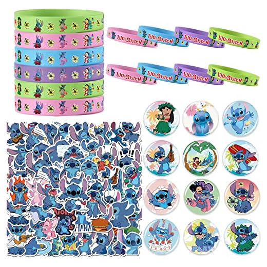 Lilo and Stitch Birthday Party Supplies, 74pcs Stitch Party Favors Include 12 Bracelets, 12 Button Pins, 50 Stickers for Stitch Birthday Decorations