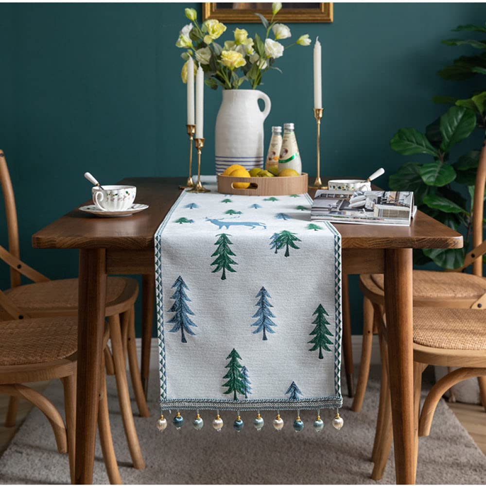 Camino Mesa,Camino De Mesa Azul Caminos De Mesa Navideños Fawn Print Tasselstablecloth para Sala De Estar Mesa De Comedor De Navidad Fiesta Decoración Navideña, 33X140Cm 4