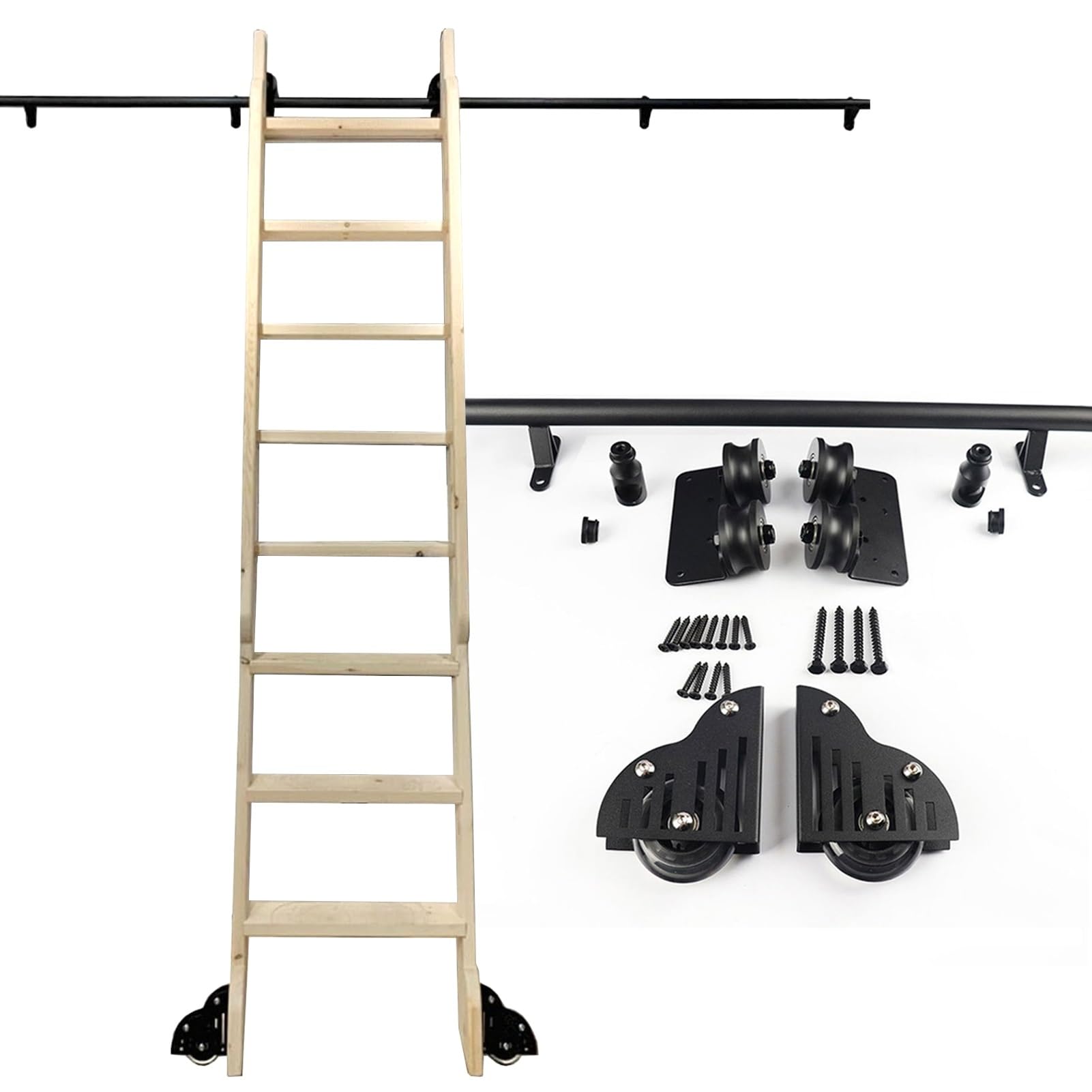 DONGGANSHI Heavy Duty Rolling Ladder Hardware Kit Sliding Track with Floor Roller Wheels(No Ladder)| Black Metal Mobile Rail Roller System for Loft,Bookshop and Warehouses(6.6ft/200cm Track Kit)