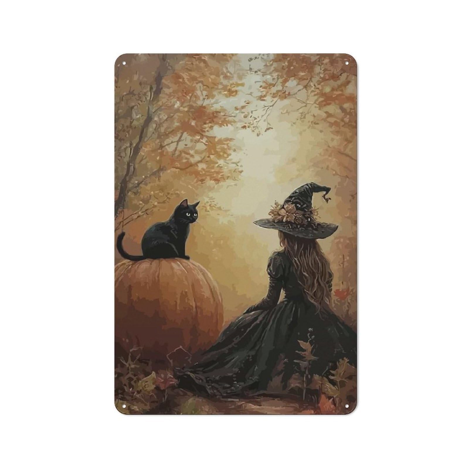 Junmoney Witch And Black Cat Metal Plaque 30X20cm With For Hallway Wall, Rustic Decor, For Garage, Workshop And Man Cave Decoration