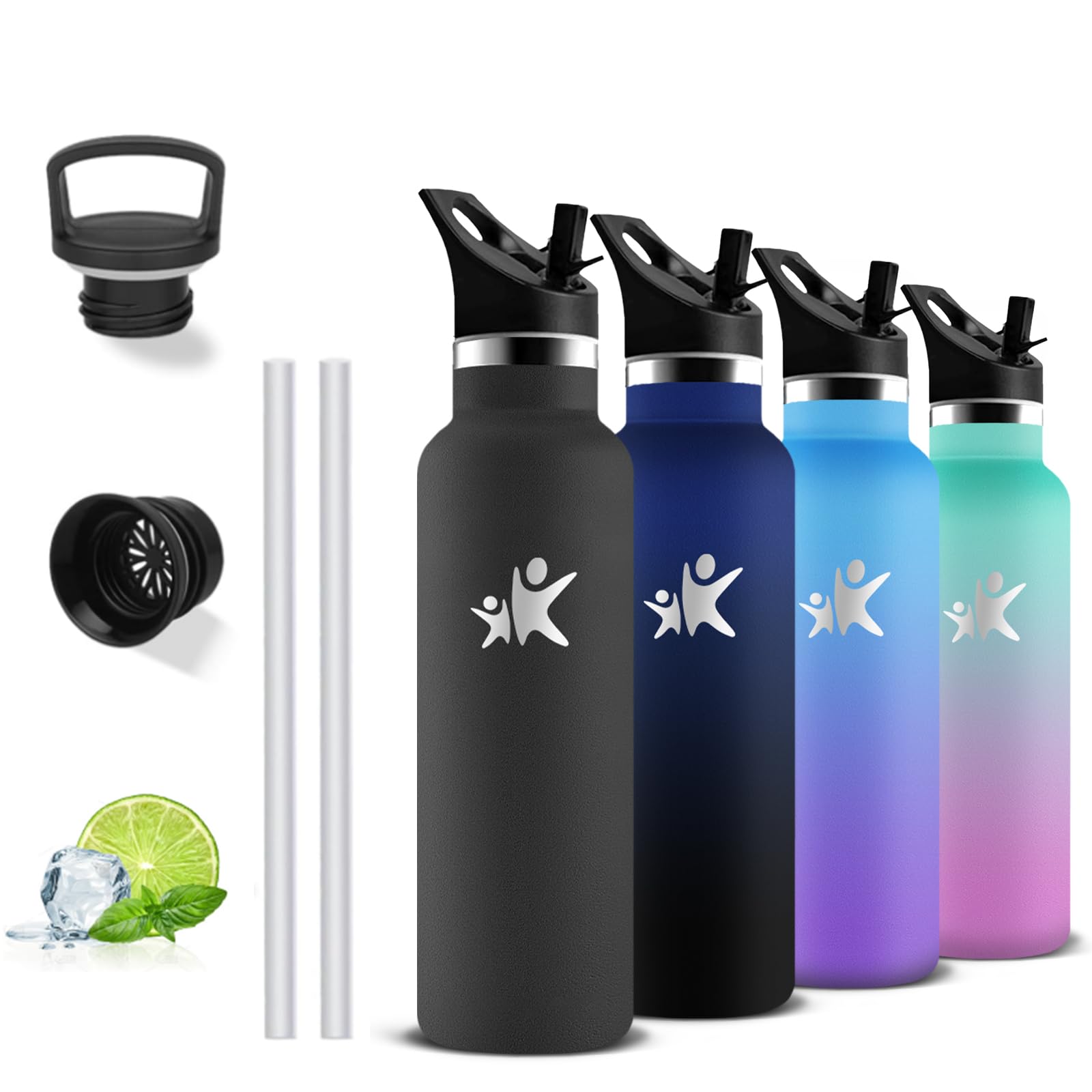 Insulated Water Bottle, 500 ml, BPA Free, Water Bottle with Straw, No Leakage, Children's Water Bottles, Keeps Hot for 12 Hours/Cold 24 Hours, Thermos for Schools, Camping, Offices, Coffee, Yoga