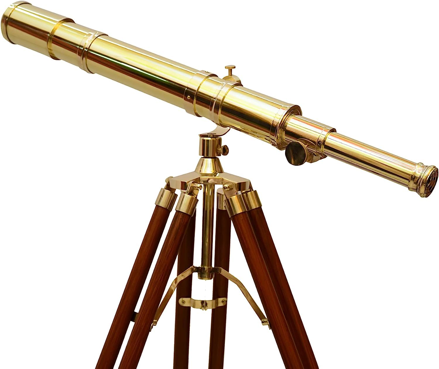 Navirock Nautical Marine Navy Telescope Solid Brass Shiny Brass Telescope with Wooden Tripod Adjustable Brown Stand with Chrome Compass