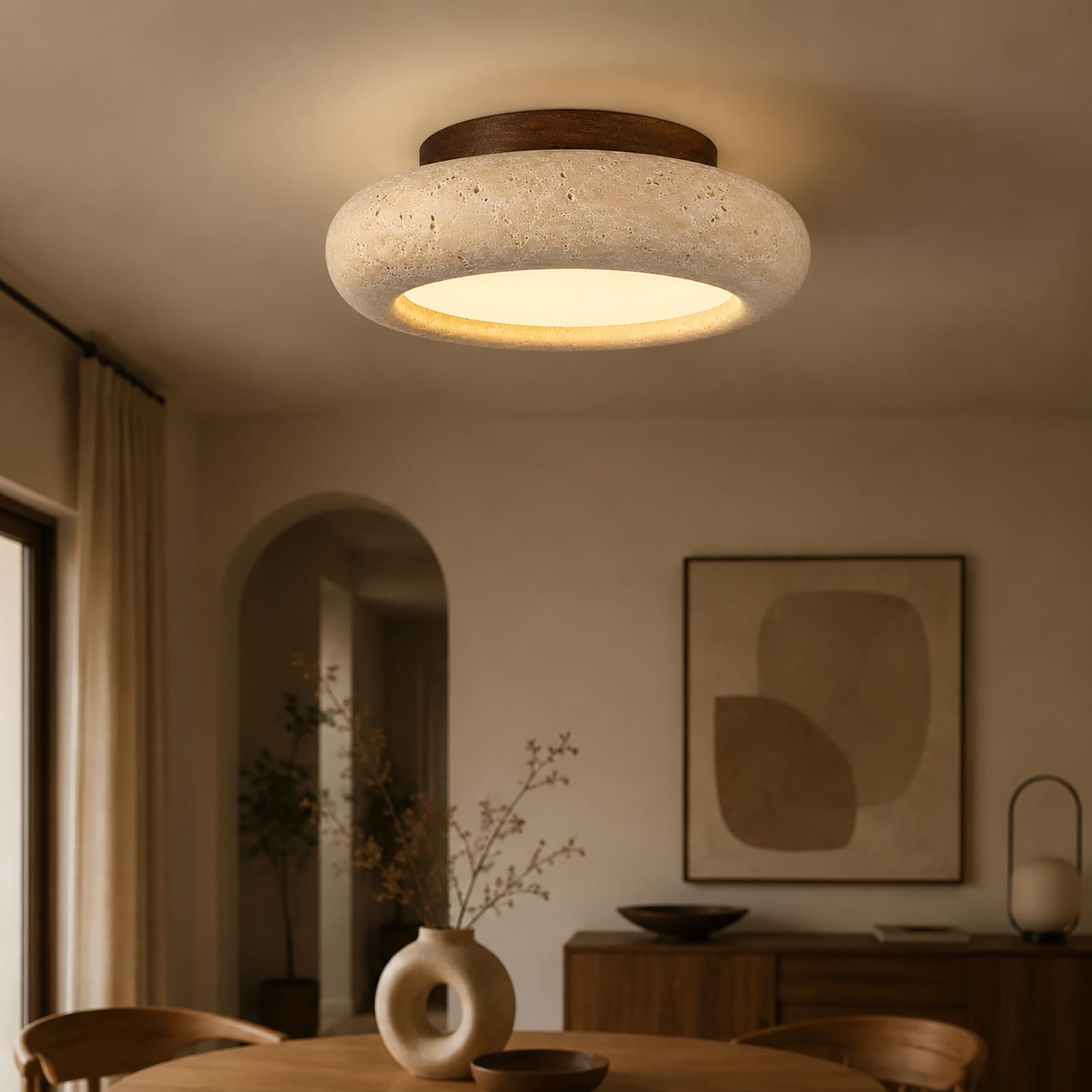 Plafoniera in Travertino Wabi Sabi, Lampada Japandi in Pietra e Legno