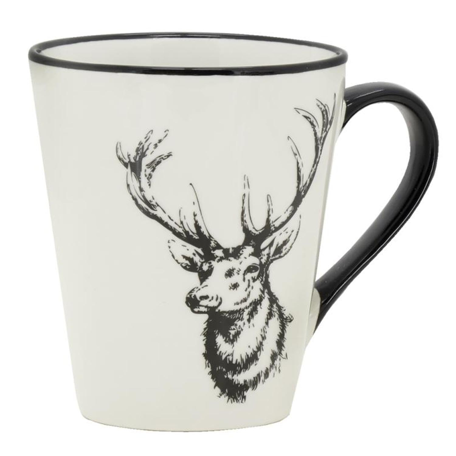 AUBRY GASPARD - Lot de 6 Tasses en Porcelaine - Blanc Brillant avec Liseré et Motif Cerf Noir - Ø 9 cm x Hauteur 10 cm - Compatibles Lave-Vaisselle et Micro-Ondes - Arts de la Table