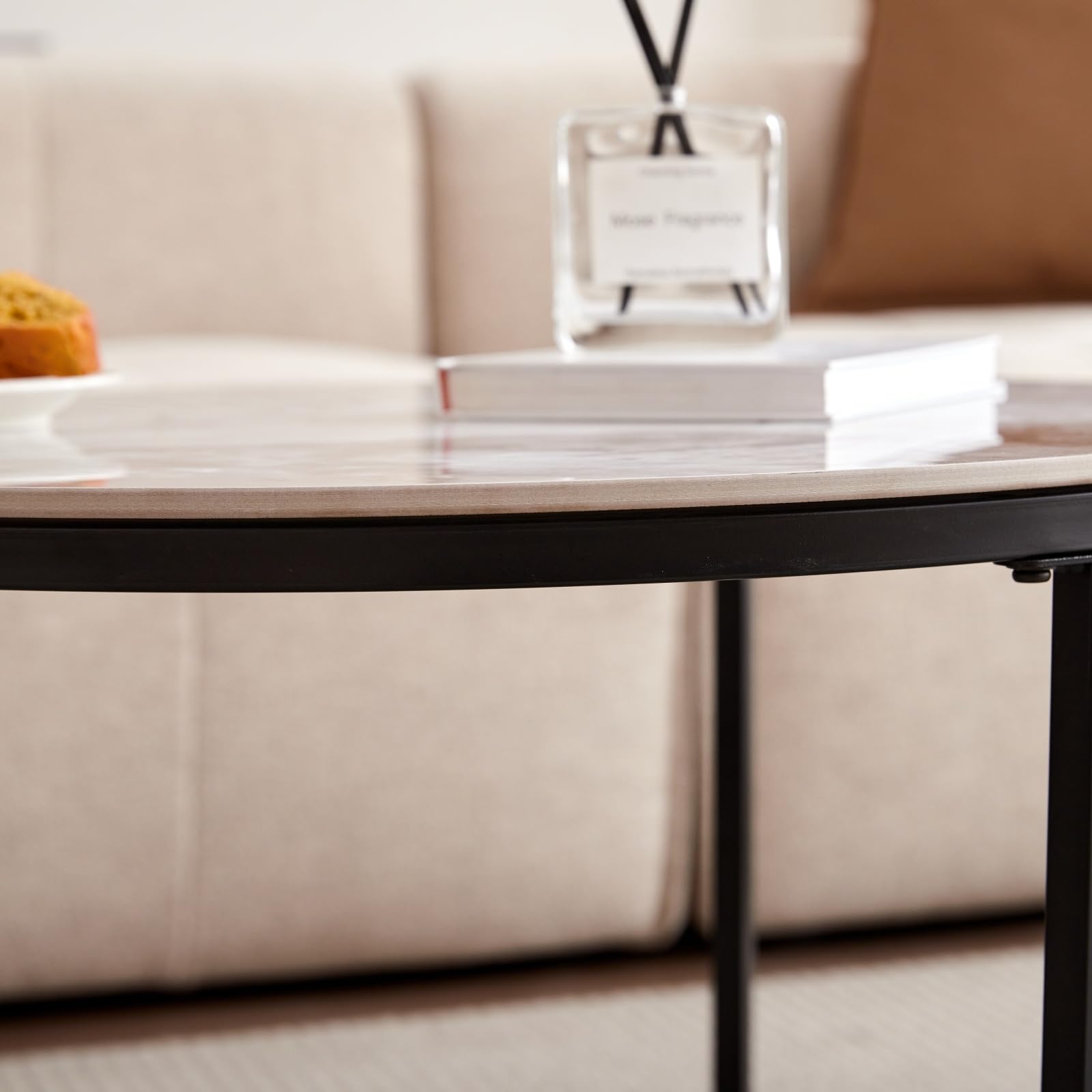 Runder Couchtisch, Beistelltisch aus Pandora-Sinterstein für das Wohnzimmer, Nordischer Couchtisch mit Metallbeinen, Geeignet für Wohnzimmer, Balkon, Schlafzimmer – Schwarzer Rahmen
