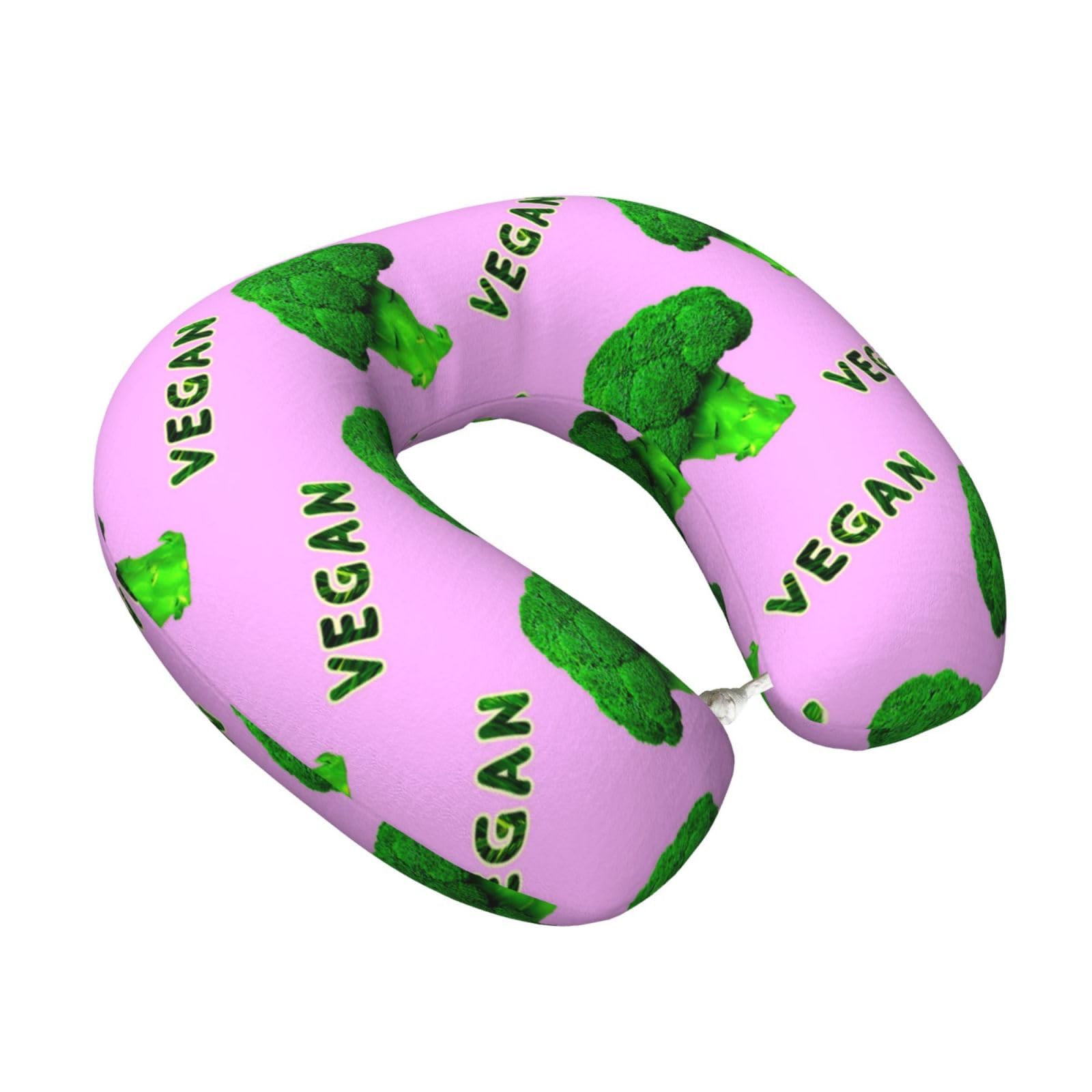 LKYMOH Broccoli Vegan Green Pink, Travel Neck Pillow U-Shaped Memory Neck Support Soft Comfortable With Washable Cover For Airplane Car Traveling and Office