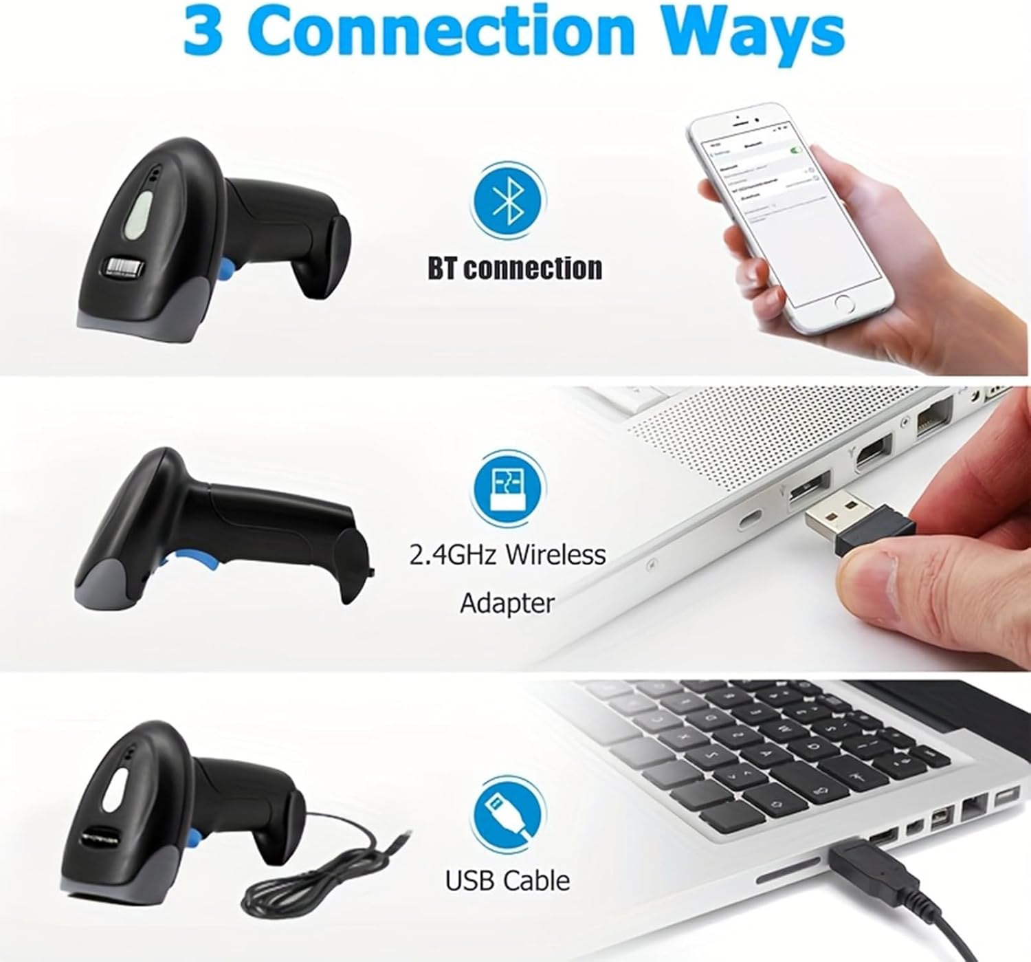 2D Wireless Barcode Scanner, Bluetooth QR Code Reader with 2000mAh Battery, Handheld 1D 2D Bar Codes Reader Rechargeable Inventory Scanner for Supermarket, Warehouse, Retail
