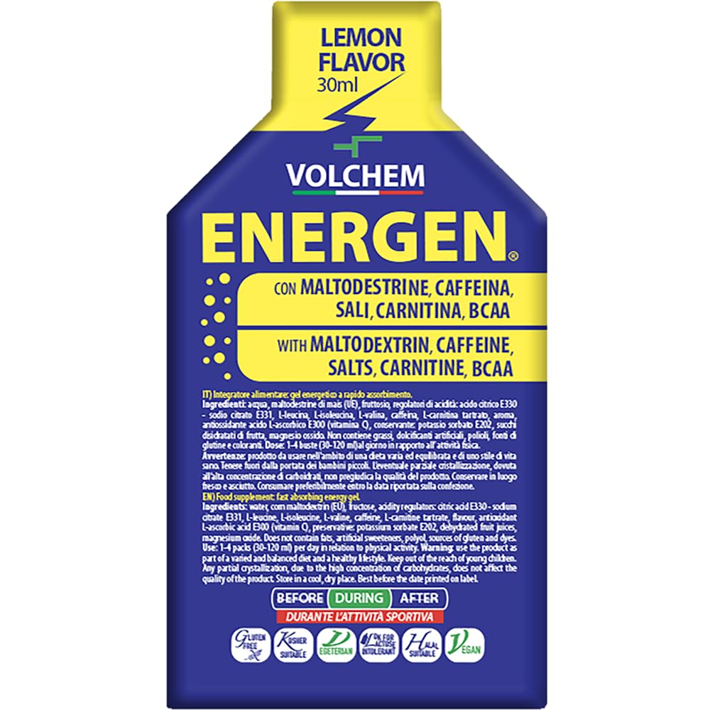 Volchem Energen 30, Gel Energetico con Maltodestrine, Destrosio, Aminoacidi Ramificati e Carnitina, Contiene Sodio, Magnesio e Caffeina, 1 Scatola con 30 Bustine Monodose, 900 ml (Limone)