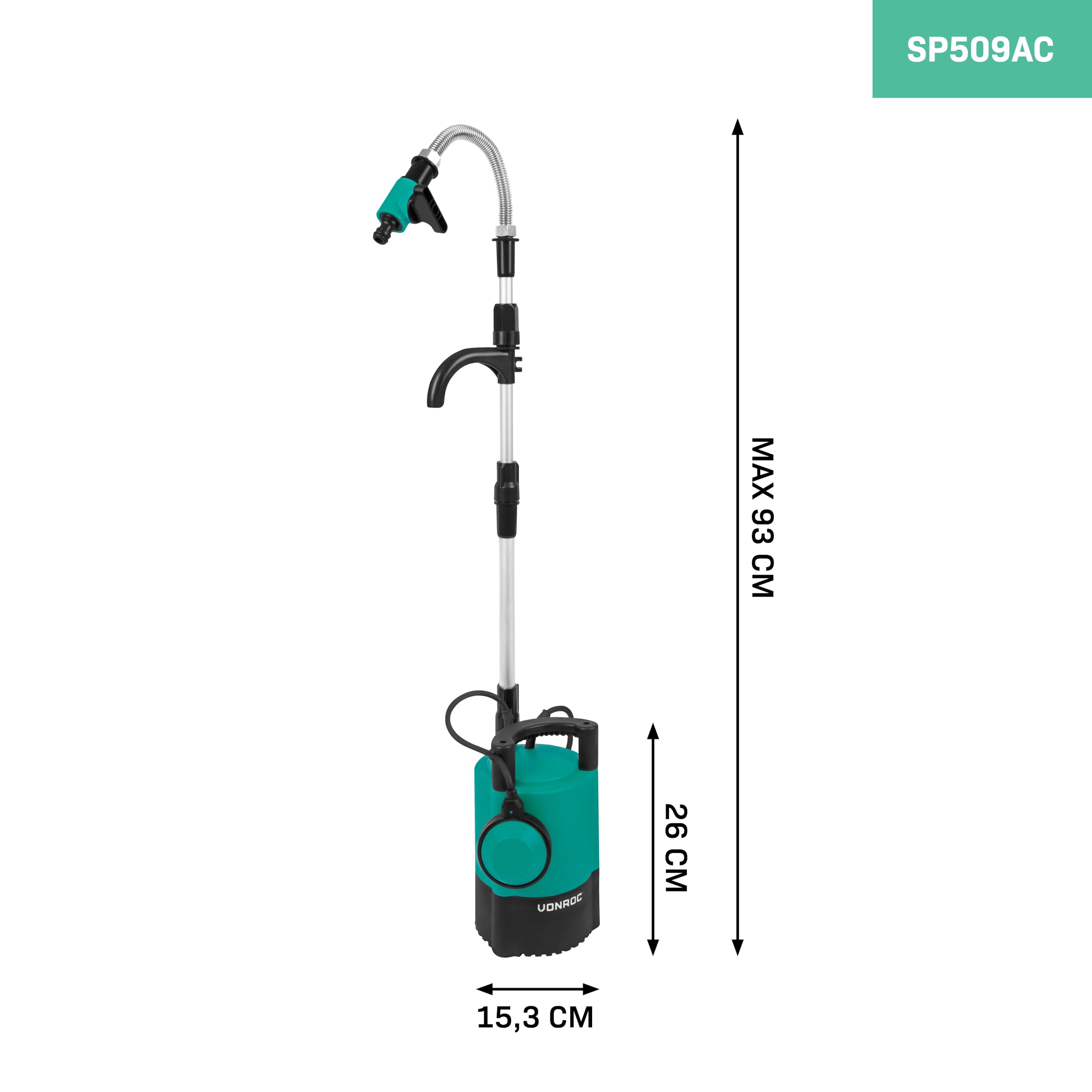Vonroc Pompe à Eau Submersible Électrique 400 W - Pompe de Pluie 5200 L/h - Câble de 10 m - Protection Contre le Fonctionnement à Sec - Interrupteur à Flotteur Réglable - Raccord de Tuyau Universel
