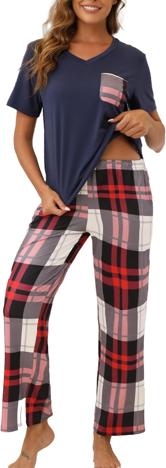 Womens Pajama Sets 2 Piece Short Sleeve Pjs Tops and Long Pants Sleepwear Lounge Set with Pocket